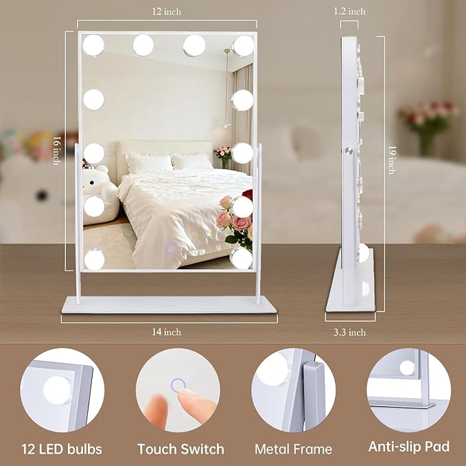 Hollywood Vanity Mirror with Lights, 14" x 19" Lighted Makeup Mirror with 3 Color Lights & Adjustable Brightness, 360° Swivel, Women's LED Mirror for Bedroom College Dorm for Desk