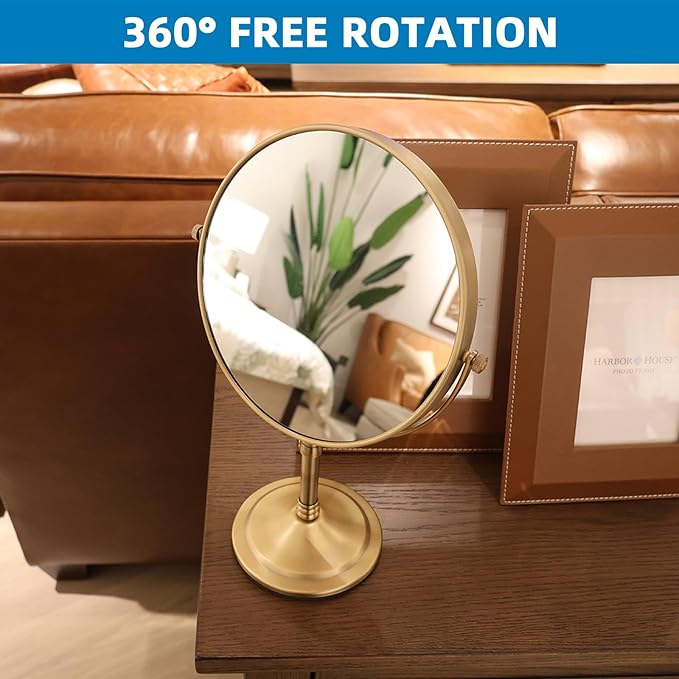 Antique Brass Makeup Mirror 1X/10X Free Standing 8 Inches 360 Swivel Dual-Sided Tabletop Makeup Mirror, Metal