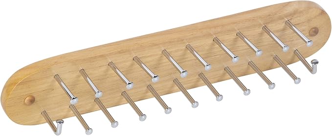 Richards Homewares Tie Rack Wall Mounted - Wood Belt Scarf Hanger with 21 Chrome Hooks for Closet for Storage and Organization Natural