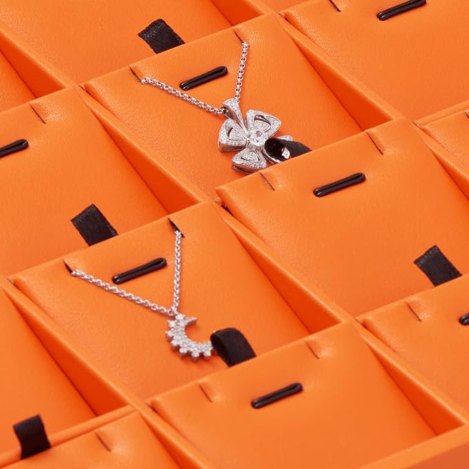 Orange Leather Necklace Tray Jewelry Display Tray 24 Grids Necklace Display Trays Necklace Storage for Drawers With Removable Jewellery Cards Necklace Pendant Tray