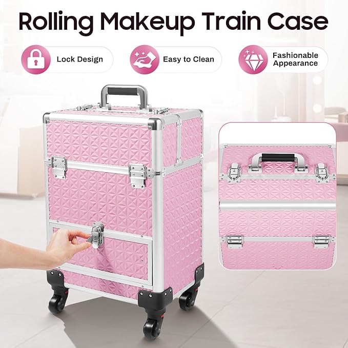Rolling Makeup Train Case Large Cosmetic Trolley Nail Bag Organizer Professional Manicure Tool kit Portable Manicure Storage Case with Swivel Wheels 4 Tray and Sliding Rail (Pink)