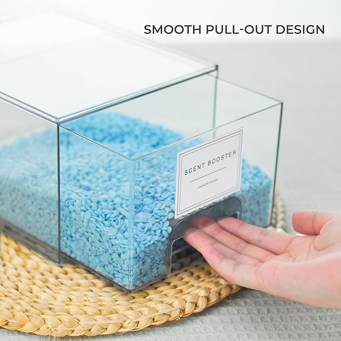 4 Pack Laundry Room Organization and Storage Containers with Labels, Stackable Clear Plastic Storage Drawers for Dryer Sheet Holder, Laundry Pods Container, Laundry Room Decor for Organizing