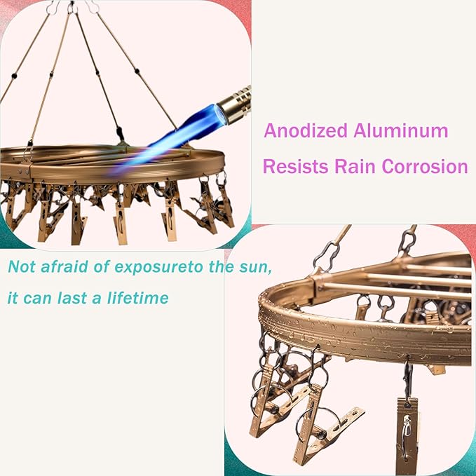Sock Drying Rack with 26 Clips - Aluminum Hanging Drying Rack for Underwear, Baby Clothes & Delicates | Wind-Resistant Hook & Oval Design (Champagne Gold)