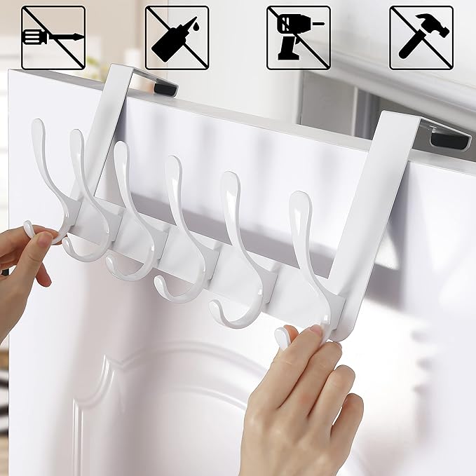 SKOLOO Over The Door Hooks - for Doors up to 4.5cm Thick, No Assembly Required, Stainless Steel Door Hanger with 6 Hooks, Over The Door Hanger for Coats Clothes Hat Towel Jacket, White