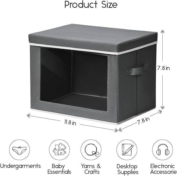 Storage Bins with Lids - Small Fabric Organizers with Window, Collapsible Storage Bins for Clothes, Decorative Closet Organizers for Towels, Tshirt, 3 Pack, Dark Grey