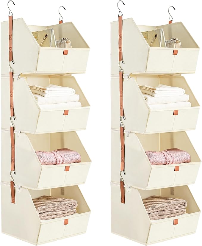 4 Tier Hanging Closet Organizer,Disassemblable Clothes Hanging Shelves,Fabric Closet Organizer System for Space-Saving,Foldable Storage Basket for Bedroom, Rv (2 Pack,Beige)