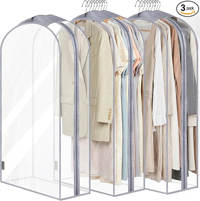BALEINE 40'' Clear Garment Bags for Hanging Clothes, 10.5'' Wide PEVA Suit Bag for Closet Clothes Dresses Coat (Clear, 3PK)