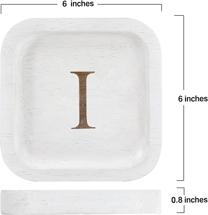 Wooden Personalized Letter Catchall Valet Tray Trinket Dish Jewelry Tray Key Bowl Decorative Plate Organizing Ring Earrings Necklaces Bracelet Watch Coins Wallet Holder (6"x6" Sq White "I")