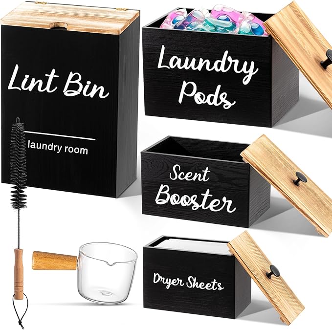 Dandat 4 Pcs Laundry Room Organization and Storage, Dryer Sheet Holder Laundry Pod Holder Scent Booster Container Magnetic Lint Bin with Scoop and Brush Wood Farmhouse Room Container(Black)