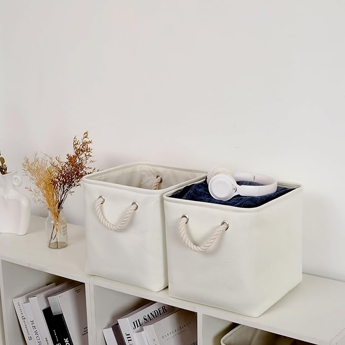 11 x 11 Inch Storage Cubes, 6 Pack Large Collapsible Fabric Storage Bin with Ropes, Foldable Storage Cubes for Home, Office,Closet, Clothes, Toys Organizer (White)
