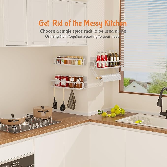 3 Pack Spice Rack Wall Mount With Paper Towel Holder and Hooks, Screw or Adhesive Hanging Spice Shelf,Space Saving Spice Organizer for Seasonings, Spice Racks for Stove,Cabinet, Pantry,White