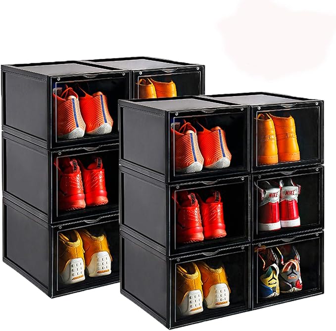 AOTENG STAR Black Storage Shoes Box Womens Mens Shoe Storage Display Box Plastic Foldable Stackable Shoe Container Clear Closet Shelf Shoe Organizer-6 Pack