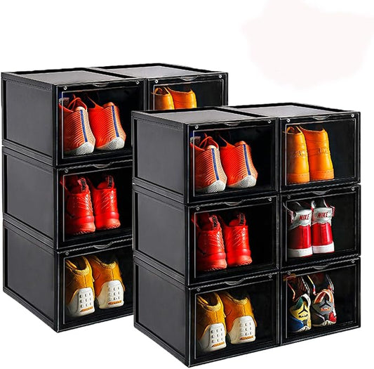 AOTENG STAR Black Storage Shoes Box Womens Mens Shoe Storage Display Box Plastic Foldable Stackable Shoe Container Clear Closet Shelf Shoe Organizer-6 Pack