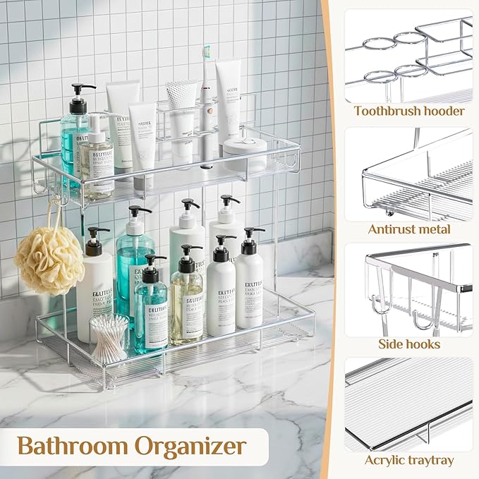 2 Tier Chrome Bathroom Organizer Countertop, Small Countertop Organizer for Bathroom Decor, Kitchen Counter Shelf for Spice Rack and Snack, Vanity Makeup Organizers Tray for Bedroom (Chrome)