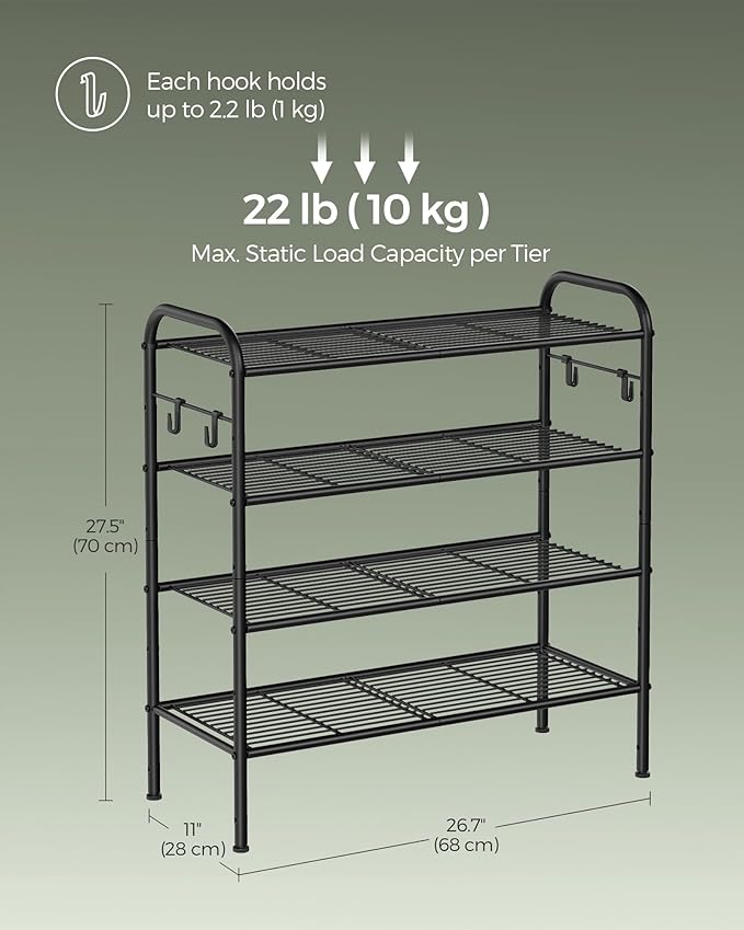 SONGMICS Shoe Rack, 4-Tier Shoe Organizer, Metal Shoe Shelf Storage with 4 Side Hooks, Holds 16 Pairs of Shoes, Height-Adjustable Shoe Rack for Entryway, Hallway, Closet, Ink Black ULMR069B01