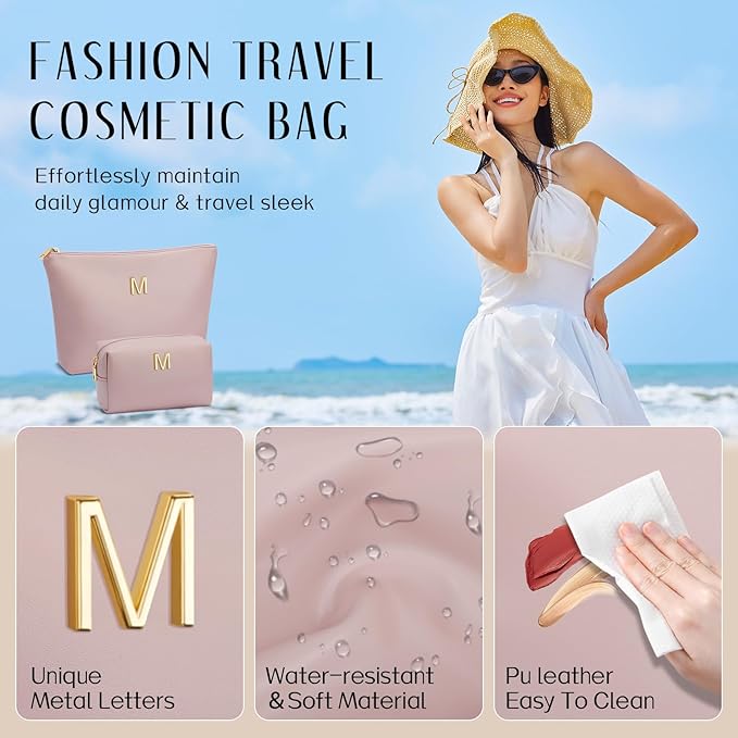 Valentine's Day Gifts for Women Girlfriend Initial Makeup Bag for Teen Girls Personalized Gifts for Friend Teacher Mom Wife Cosmetic Travel Toiletry Bag(Pink,M)
