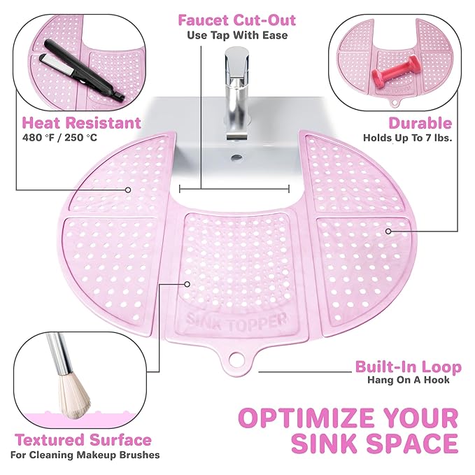 Sink Topper Bathroom Sink Cover for Counter Space & Storage Saver | RV Must Haves | Silicone Foldable Beauty Makeup Brush Cleaning Mat | Hot Tools Organizer | RV Sink Cover | Standard, Pink