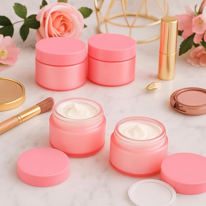 Domensi 100 Pcs 1 oz Glass Jars with Lids Bulk Round Glass Cosmetic Jars for DIY Lip Balm Small Travel Containers with Inner Liner for Lotions Powders Ointments Sample Cream(Pink,Pink)