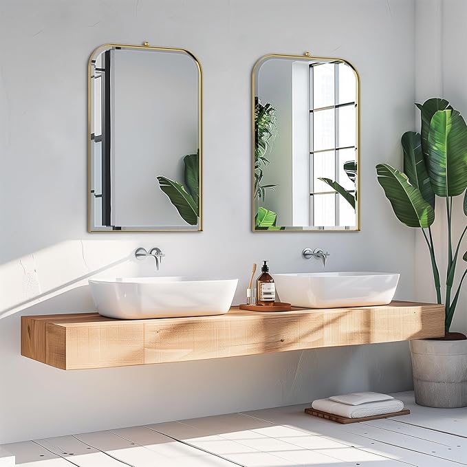 POZINO Brushed Gold Arched Mirror, 22"x35" Brass Vanity Oblong Mirror for Over Sink, Stainless Steel Frame Rounded Rectangle Mirrors for Bathroom Bedroom Living Room Entryway Hallway