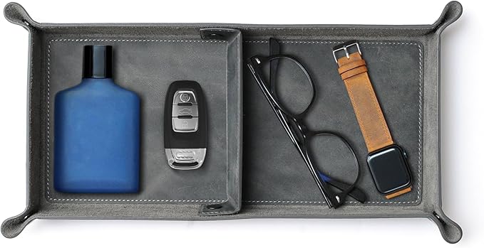 Handmade Leather Catch All Tray, Customizable Handcrafted Genuine Leather Valet Tray and Organizer for Keys, Phones, Jewels, Coins, Rectangular, Grey