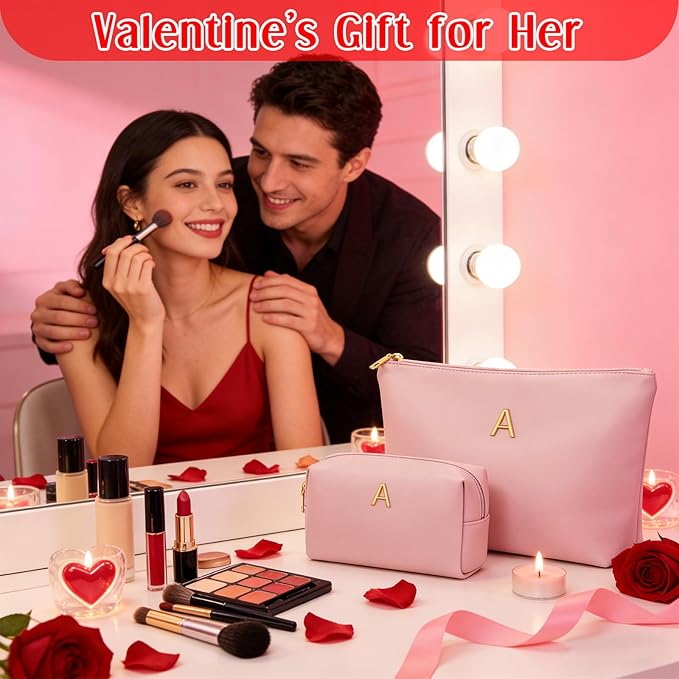 Valentine's Day Gifts for Women Girlfriend Initial Makeup Bag for Teen Girls Personalized Gifts for Friend Teacher Mom Wife Cosmetic Travel Toiletry Bag(Pink,J)
