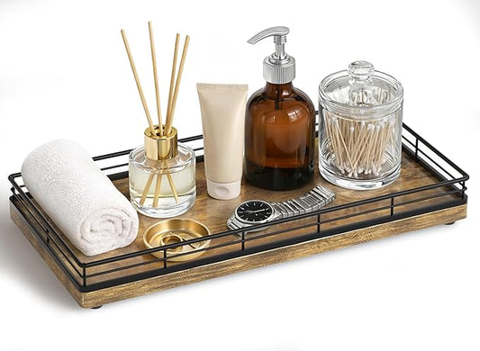 Bathroom Vanity Tray – 12" x 6" Decorative Wooden Tray for Toilet Tank Organizer Wood Tray for Bathroom Countertop, Soap, Perfume & Accessories Storage Vanity Dresser Decor Black & Rustic Brown