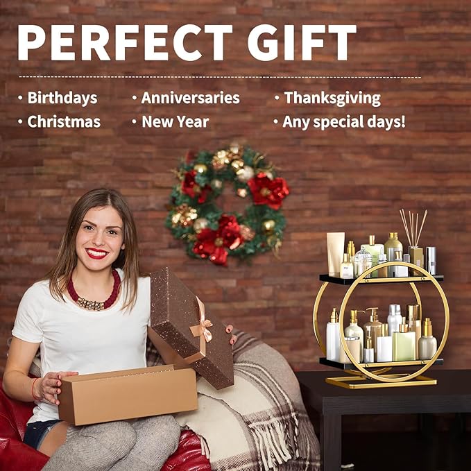 Makeup Organizer for Vanity, Black Gold Perfume Organizer for Dresser, 2-Tier Bathroom Countertop Organizers, Bathroom Counter Shelf Skincare Holder Perfume Tray Cosmetic Display