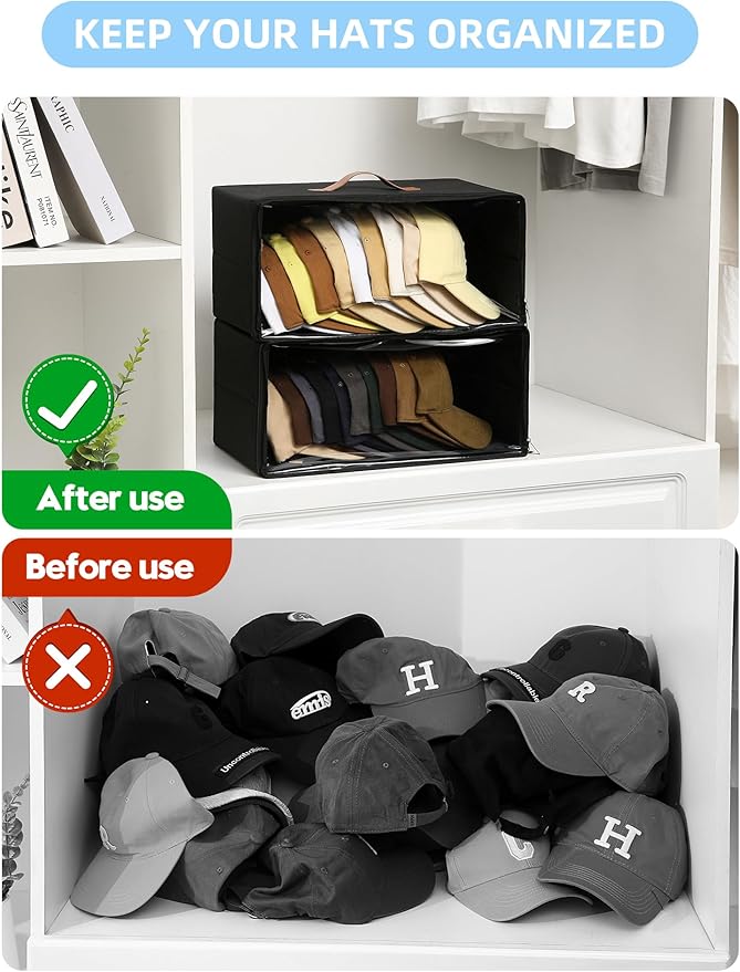 Beveetio 2 Pack Front-Opening Hat Organizer for Baseball Caps, Stackable Rigid Hat Storage Box with Clear Window, Space Saving Baseball Cap Organizer Holder for Closet, Holds Up to 30 PCS