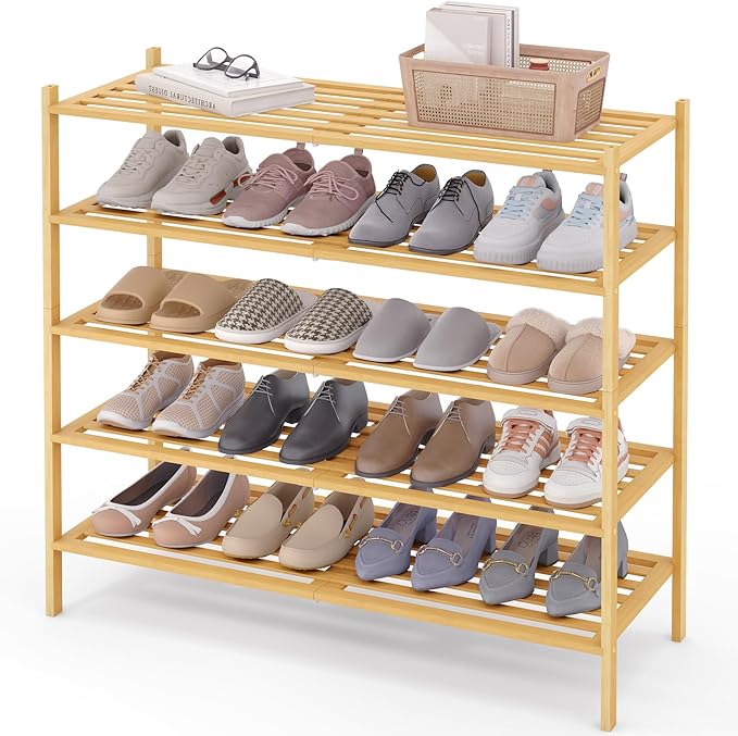 Smiry Long Bamboo Shoe Rack 5-Tier, Stackable Wooden Shoe Organizer for Entryway & Closet, Free Standing Wood Shoe Storage Shelf for Front Door & Small Spaces, Natural