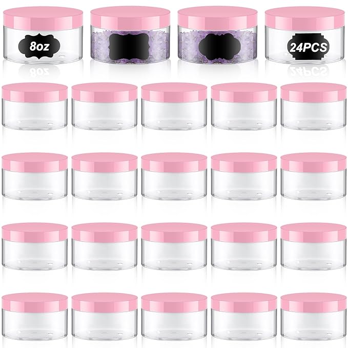 Dandat 24 Pcs 8 oz Plastic Jar Container with Lid and Label Refillable Empty Round Clear with Pink Pet Cosmetic Sample Slime Containers for Lotion, Cream, Ointments, Body Butter, Makeup Travel Storage