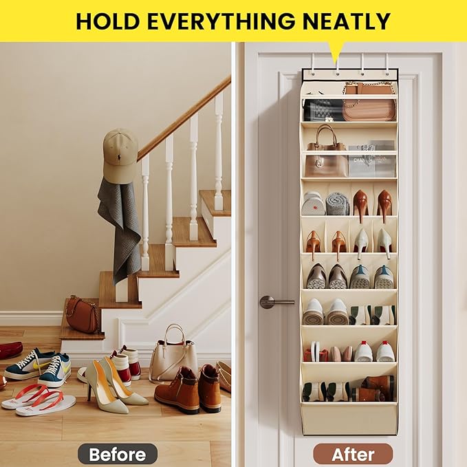 8 Tier Clear Over the Door Shoe Organizer with Deep Pockets, Door Shoes Rack with hard Cardboard and Tubes to Keep the Shape, Hanging Shoe Rack for Closet Organizers, Shoe Holder Beige
