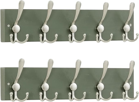 SKOLOO Creations Forest Green Solid Wood Wall Mounted Coat Rack, 5 Hooks, 16-7/8" Long - Kitchen, Mudroom, Entryway, Bathroom - Includes Mounting Hardware, Wall Coat Hanger, Towel Rack, Pack of 2