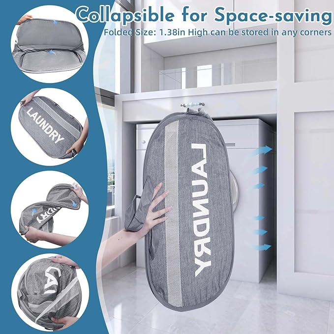 Collapsible Laundry Basket 2 pack, Foldable Pop Up Grey Laundry Baskets Mesh with Lid & Handle, Pop Up Collapsible Laundrys Hamper, Fabric Laundrys Baskets for Dorm, Travel, Bathroom