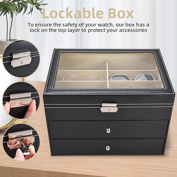 Sunglasses Organizer, Sunglasses Storage Organizer, Eyeglasses Storage Glass Top Lockable Case Organizer Eyeglasses Display Box for Women Men (Black)