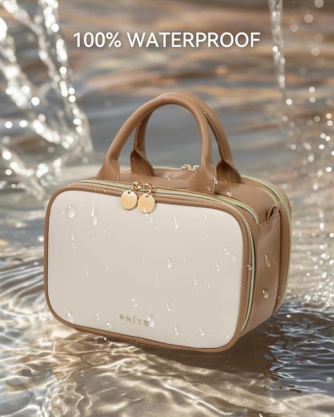 Prite Travel Makeup Bag Women’s Large Capacity Waterproof Cosmetic Organizer Portable Open Flat Toiletry Case with Free-standing Brush Holder and Handle(Beige Brown Medium)