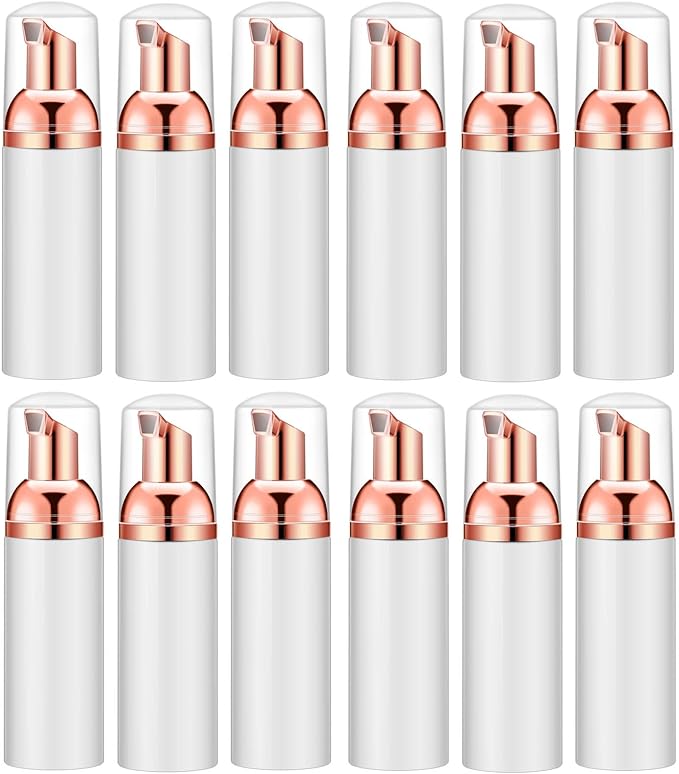 Lil Ray 2 Oz Empty White Foam Pump Bottle, Foamer Soap Dispenser for Lash Shampoo, Hand Soap, Foaming Cleaner(Rose Gold Pump, 12 PCS)