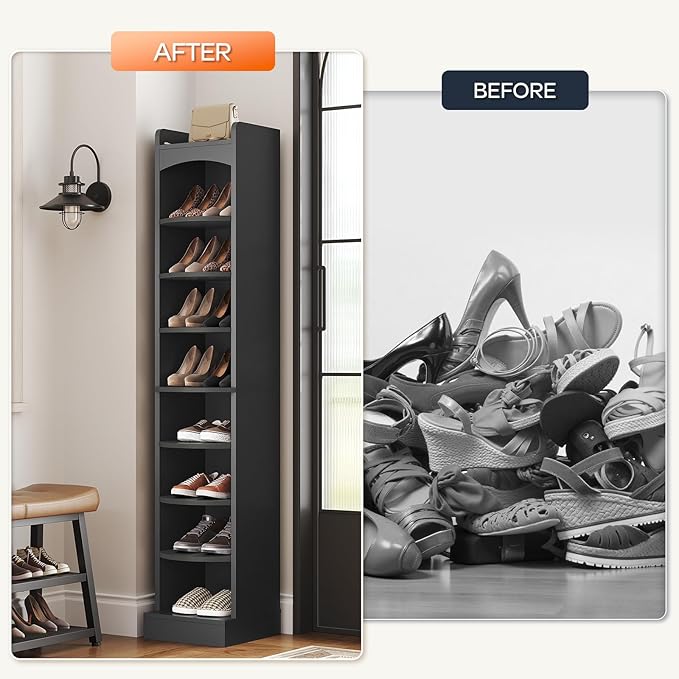 9-Tier Tall Shoe Rack, Wooden Shoe Storage Organizer, Narrow Shoe Cabinet with Removable Shelves for Small Spaces, Holds 18 Pairs of Shoes, for Entrance, Hallway, Black SS02BK