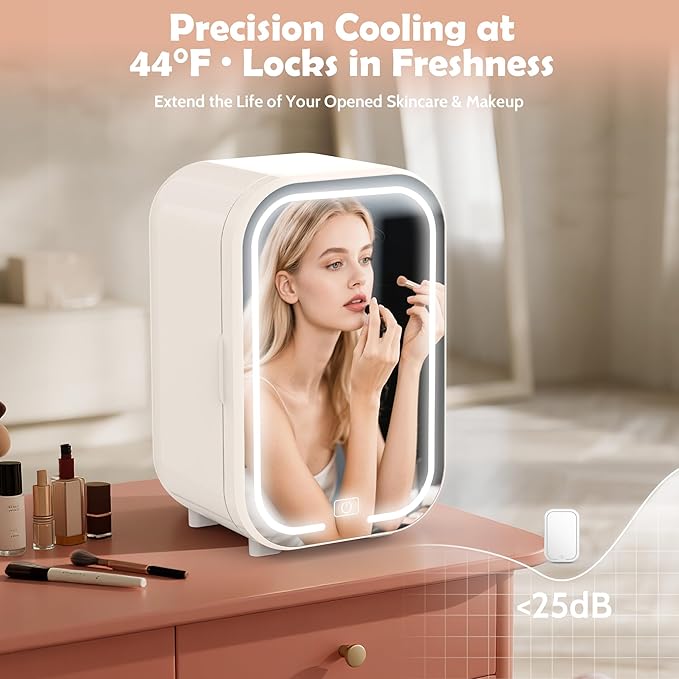 22L Mini Skincare Fridge, Beauty Fridge for Cosmetic Storage, 44°F Intelligent Temperature Control, Personal Small Makeup Refrigerator for Bedroom, Dorm (22L-Mirror, Classic White)