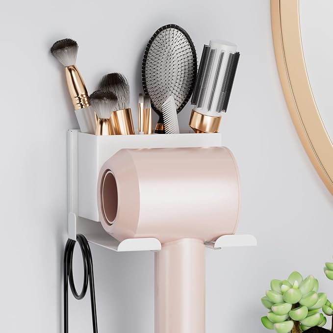 Hair Dryer Holder Wall Mounted, Hair Tools Organizer, Bathroom Space-Saving Blow Dryer Organizer Curling Irons Storage Wall Mounted White (Self-Adhesive and Drilling)