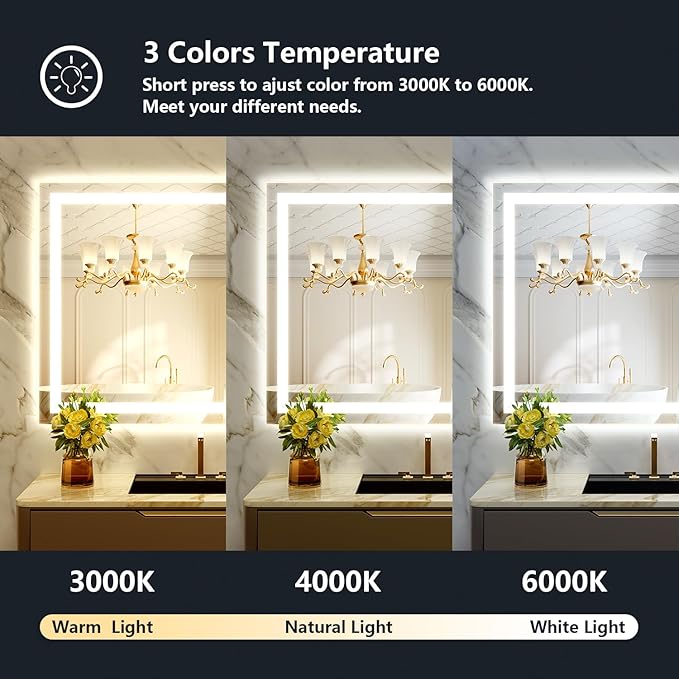 40x30 Inch LED Bathroom Mirror with Lights Front and Backlit Lighted Vanity Mirror for Bathroom Wall with 3 Colors Dimmable Anti-Fog Memory Shatter-Proof IP54 Waterproof Horizontal/Vertical