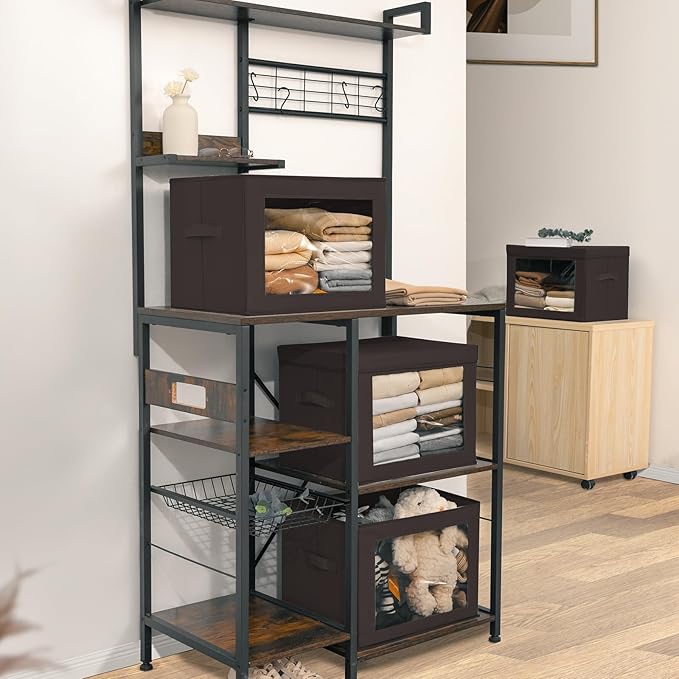 Stackable Storage Bins with Lids - Large Storage Box with Lids, Foldable Closet Boxes for Organizing, Wardrobe Clothes Organizer with Window, Cubes Bins for Living Room, 4 Pack, Brown