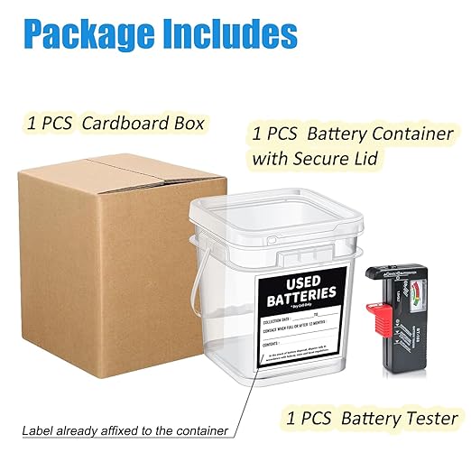 Battery Recycling Container with Battery Testers for Household Batteries, QHAND Used Battery Disposal Container with lid for Home Use, Office, Garage, Schools (1.32 Gallon)
