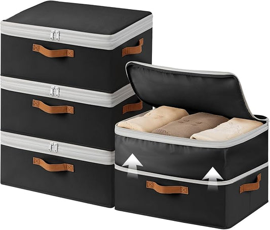 Homosorout Large Closet Storage Bins - Compression Organizer Bins, Stackable Closet Organizer, Expandable Under Bed Storage Containers for Clothes, Towels, Sheet, 4 Pack, Black