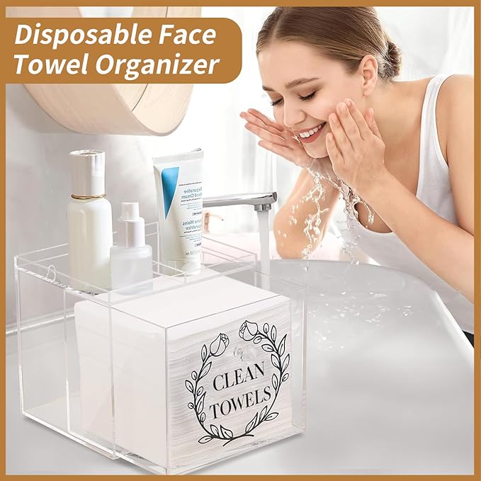 Disposable Face Towel Holder, Acrylic Storage Box for Clean Skin Club Face Towels, Laundry Sheet Holder, Dryer Sheet Holder, with Movable Dividers and Small Diamond Handles Acrylic Towel Container Box