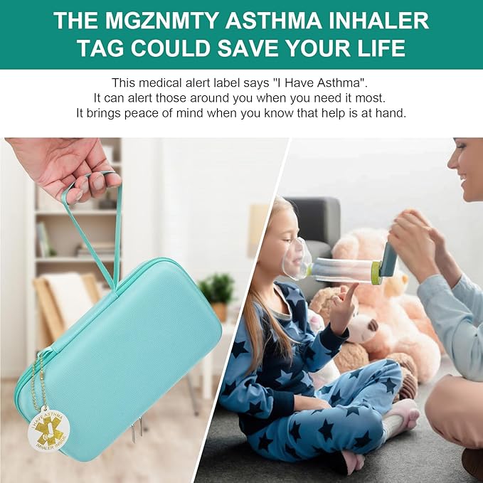 MGZNMTY Travel Carrying Case Compatible with Asthma Inhaler Spacer for Adults and Children, Masks, Inhaler Holder with Asthma Alert Tag and Medical Card, Carabiner (Only Case) (Green)