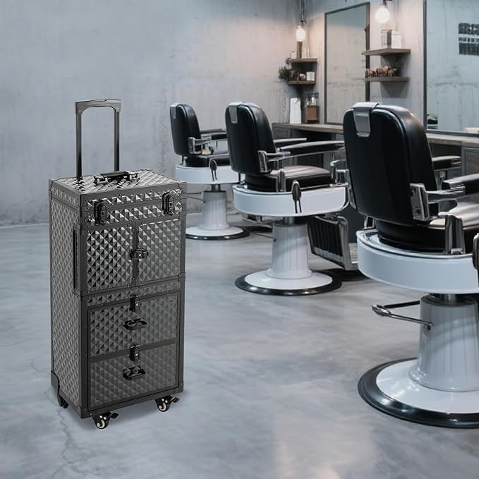 Rolling Makeup Case with Wheels and Locks, Cosmetology Case Makeup Train Case for Salon Barber Large Beauty Salon Luggage Rolling Lockable Makeup Train Extendable Tray Hairdressing (Style 3)