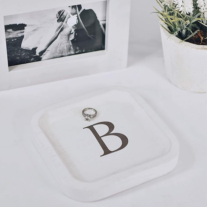 I'm Wooden Personalized Letter Catchall Valet Tray Trinket Dish Jewelry Tray Key Bowl Decorative Plate Organizing Ring Earrings Necklaces Bracelet Watch Coins Wallet Holder(6"x6" Sq White B)