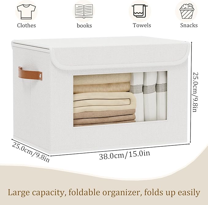 Fabric Storage Box, Storage Bin for Shelves Bedroom Office with Lid, Closet Organizer with Handles, White, 15 x 9.8 x 9.8 Inch, 1-Pack