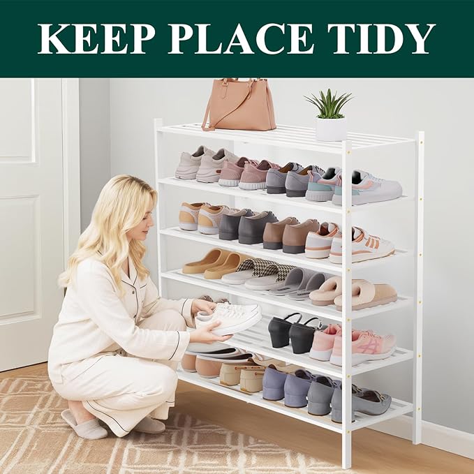 Smiry Long Bamboo Shoe Rack 6-Tier, Stackable Wooden Shoe Organizer for Entryway & Closet, Free Standing Wood Shoe Storage Shelf for Front Door & Small Spaces, White