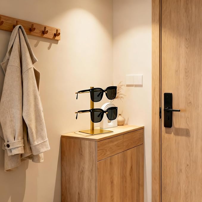 2-Tier Sunglass Display Stand,Sunglasses Organizer, Titanium Brushed Eyeglass Holder Stand, Gold Sunglasses Rack for Homes, Offices, Boutique Shops（PATENT PENDING
